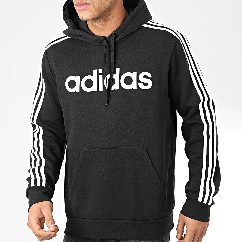 GUC Adidas Essentials Mens S Black White 3-Stripe Fleece Pullover Hoodie DQ3096